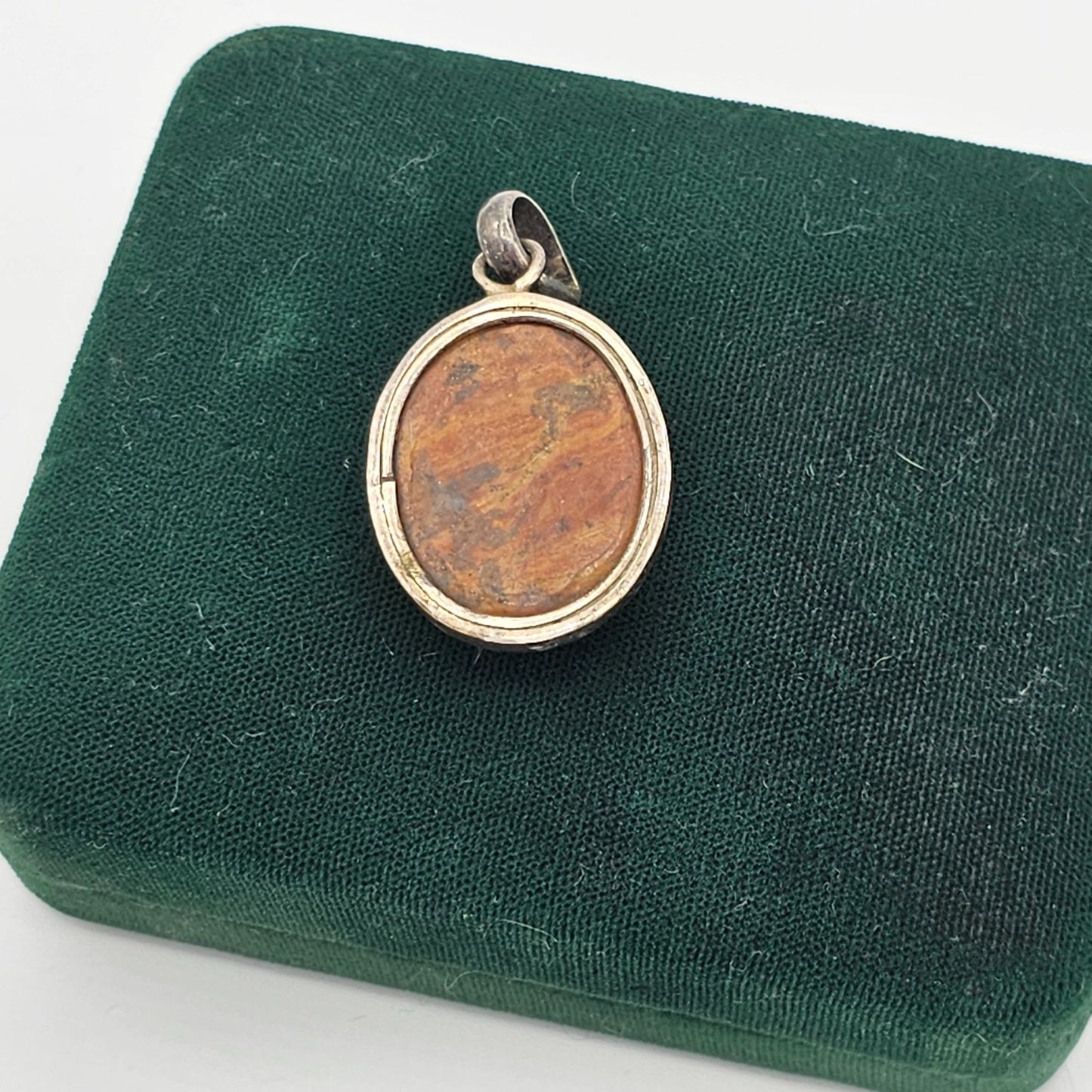 Vintage Sterling 925 Silver Oval Jasper? Natural Stone Cabochon Pendant