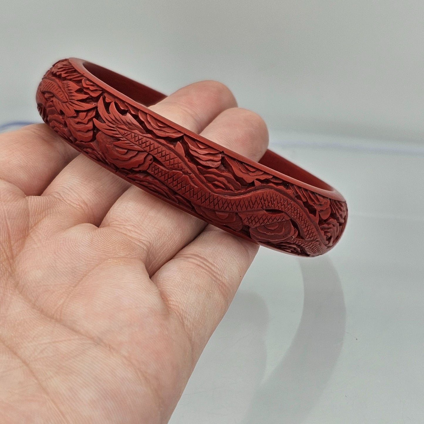 Intricate Carved Dragon Design Vintage Chinese Cinnabar Bangle