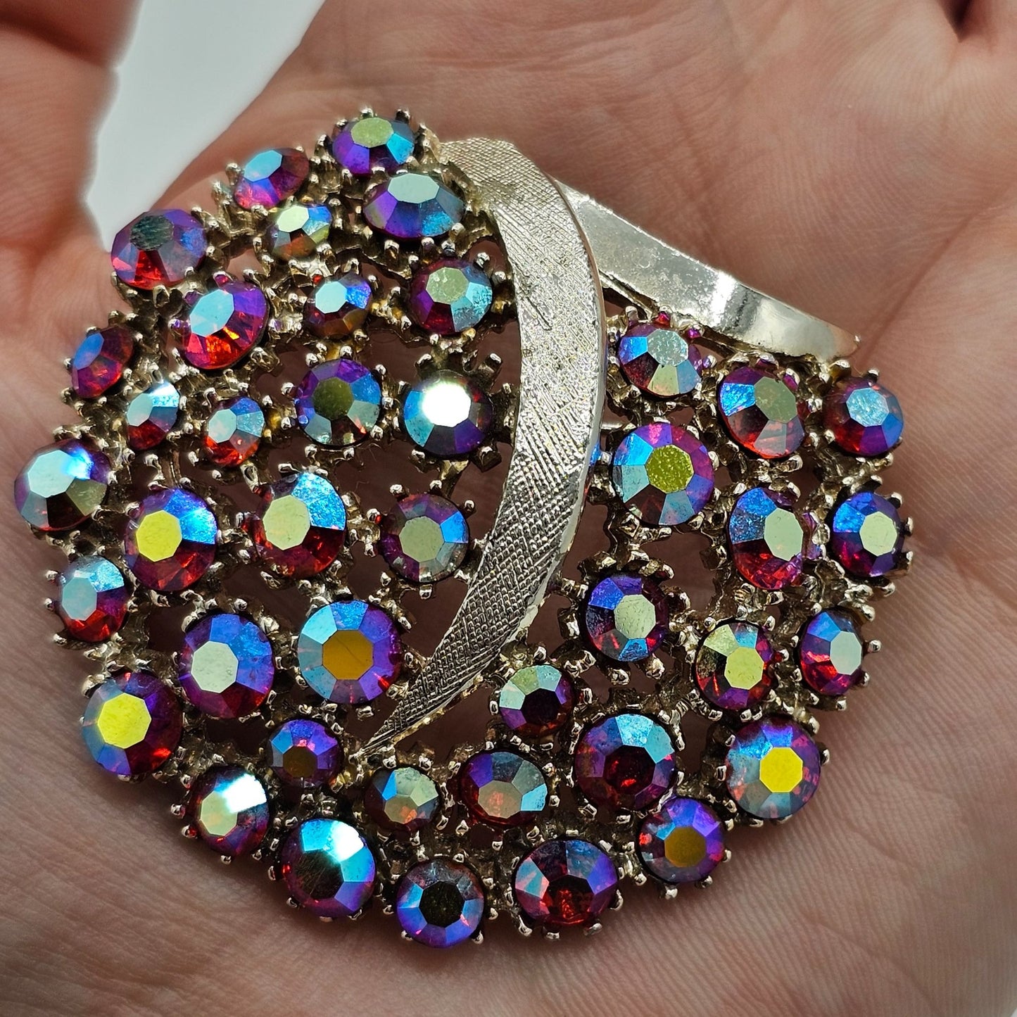 HUGE Vintage Arthur Pepper Pink Aurora Borealis Rhinestone Brooch Signed Art