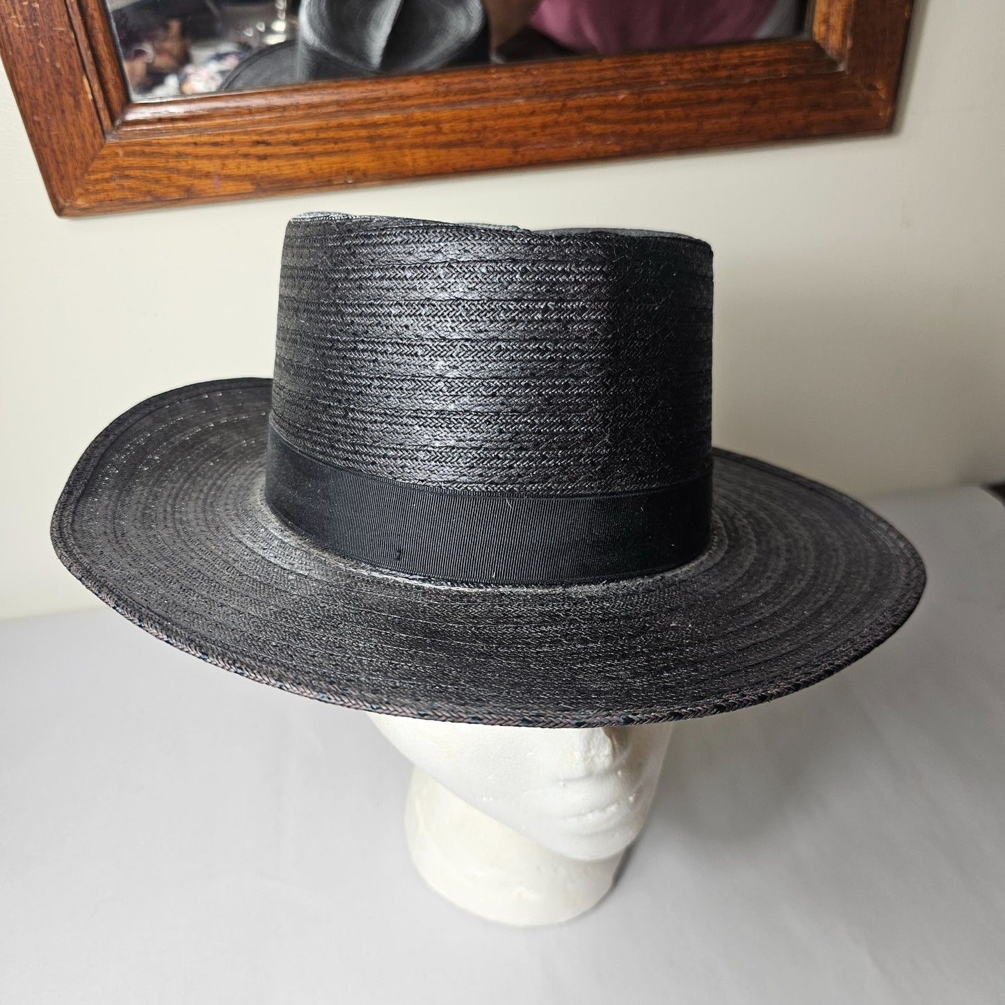 Park Plaza Mens Black Straw Boater Hat 6 7/8 Amish Country Mennonite