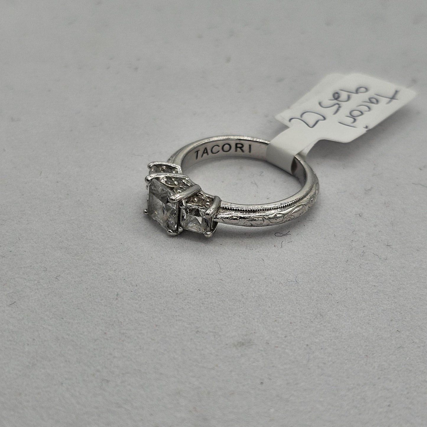 Tacori 925 Sterling Silver 3 Stone Princess CZ Engagement Ring Engraved Band