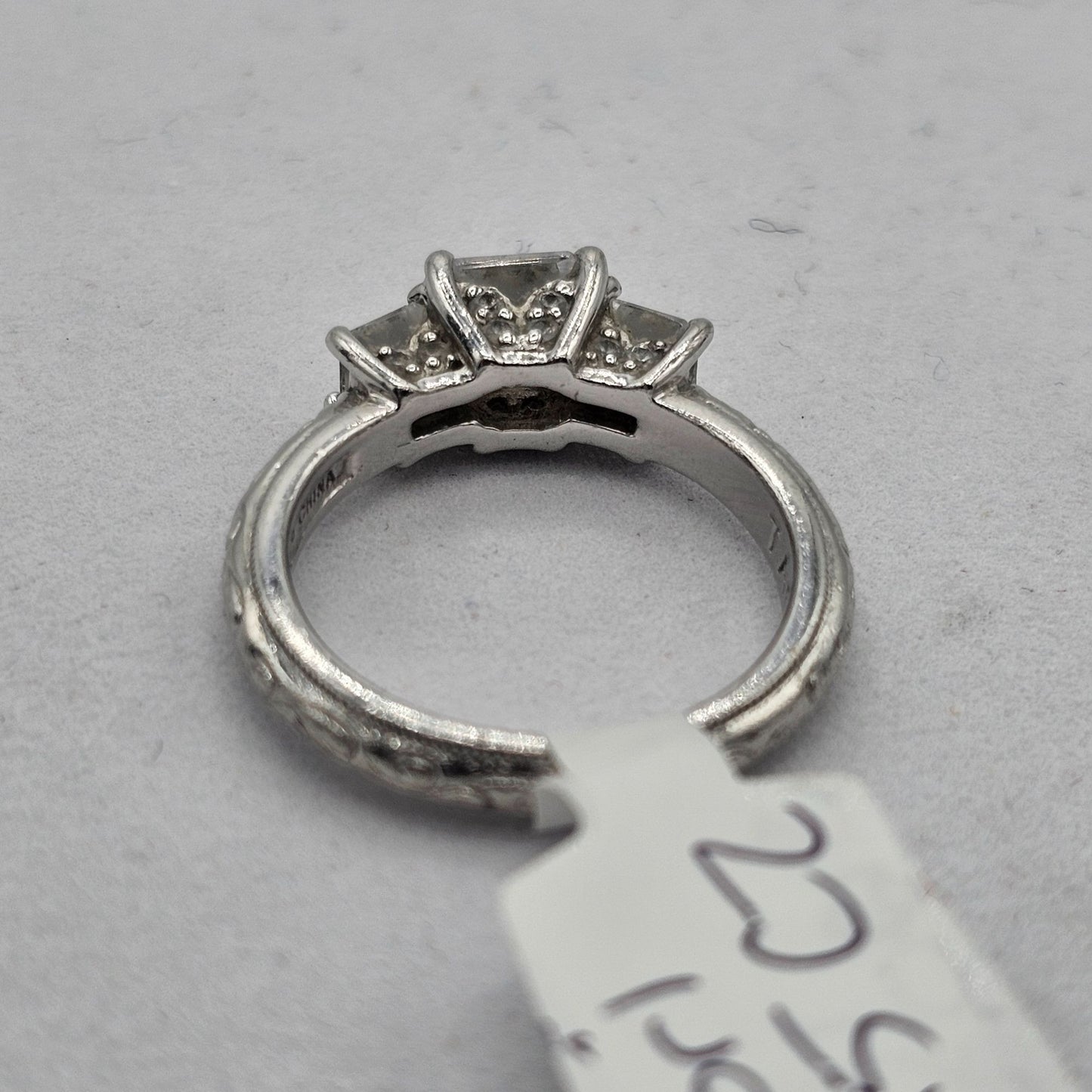 Tacori 925 Sterling Silver 3 Stone Princess CZ Engagement Ring Engraved Band