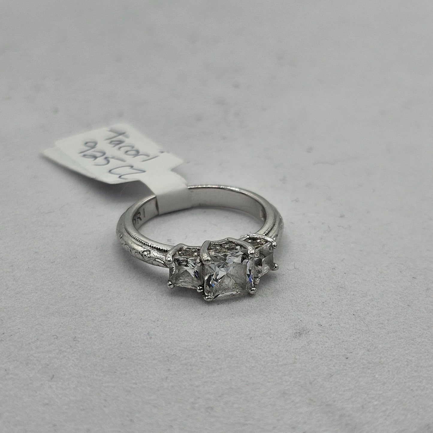Tacori 925 Sterling Silver 3 Stone Princess CZ Engagement Ring Engraved Band