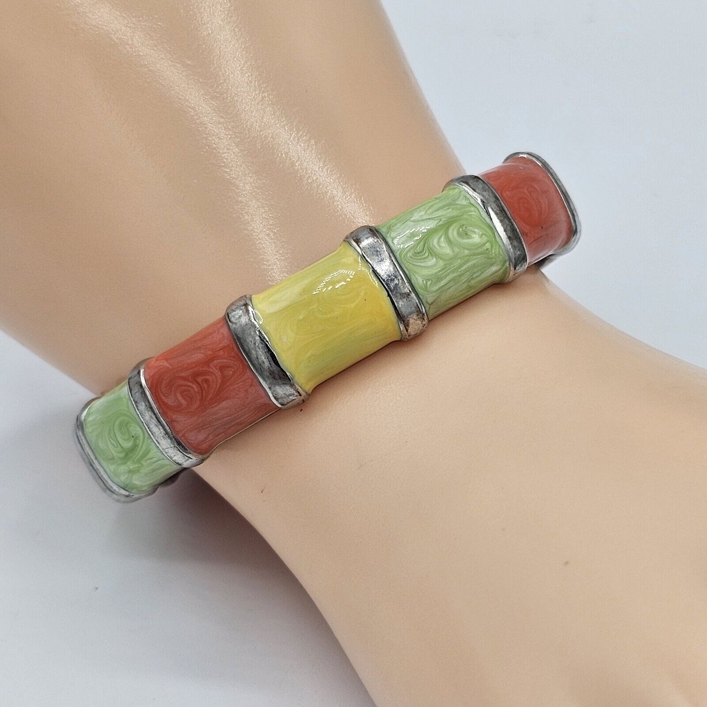 Silver-tone Bright Summer Colors ENAMEL Hinged Bracelet Magnetic Closure Fashion