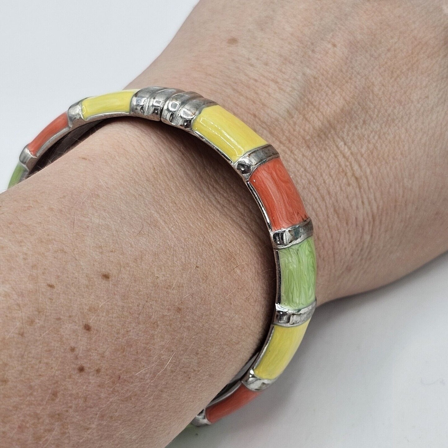 Silver-tone Bright Summer Colors ENAMEL Hinged Bracelet Magnetic Closure Fashion