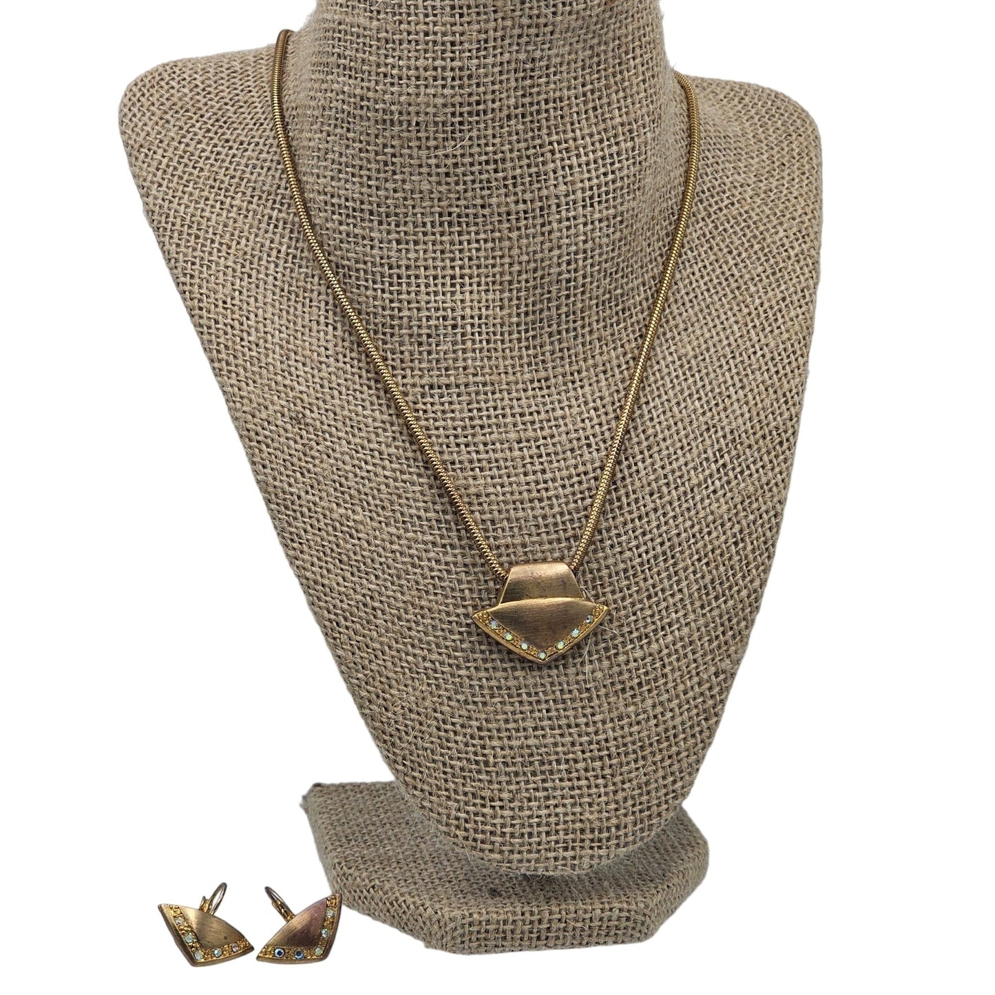 Vintage Gold-Tone Rope Chain Necklace & Clip-on Earrings Set Rhinestone Accents