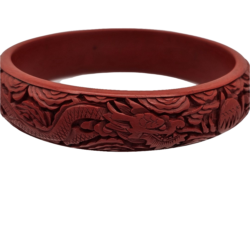 Intricate Carved Dragon Design Vintage Chinese Cinnabar Bangle