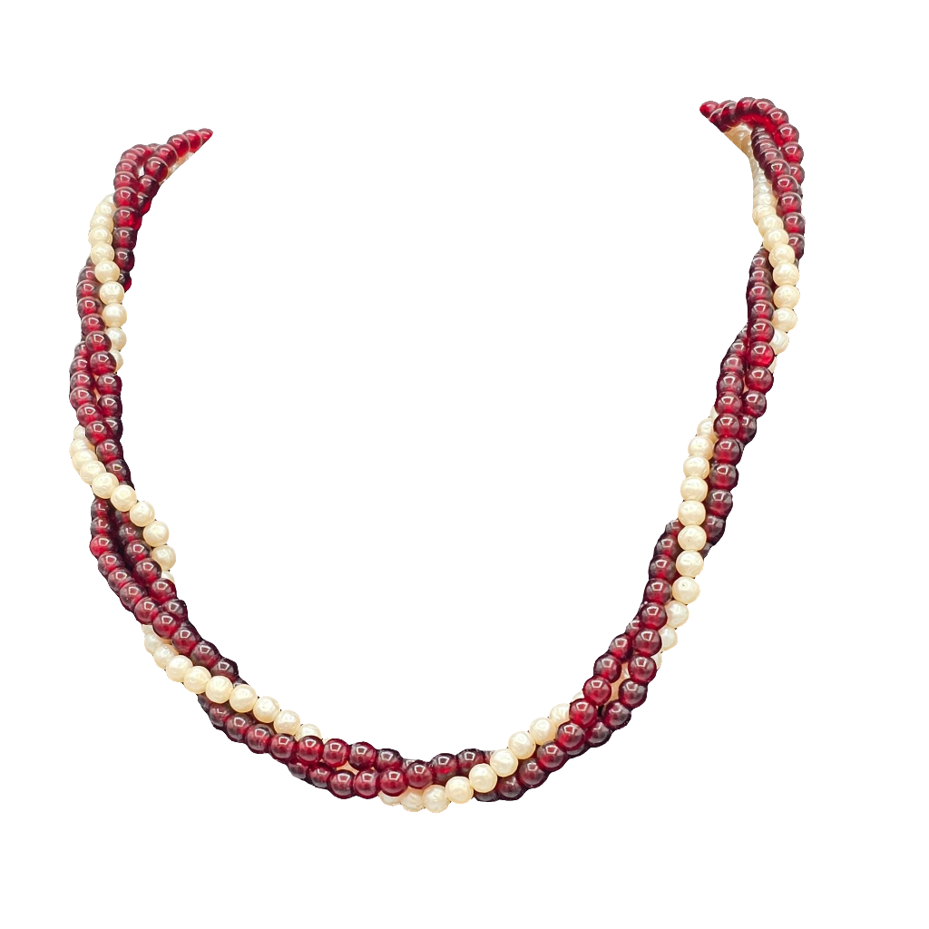 Multi-Strand Twisted Rope Faux Pearl Garnet Colored Beaded Necklace