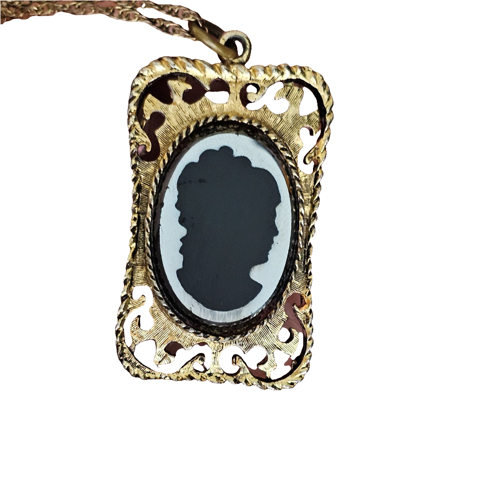 Vintage Gold-Tone Cameo Pendant Necklace Black Glass Lady Silhouette Victorian
