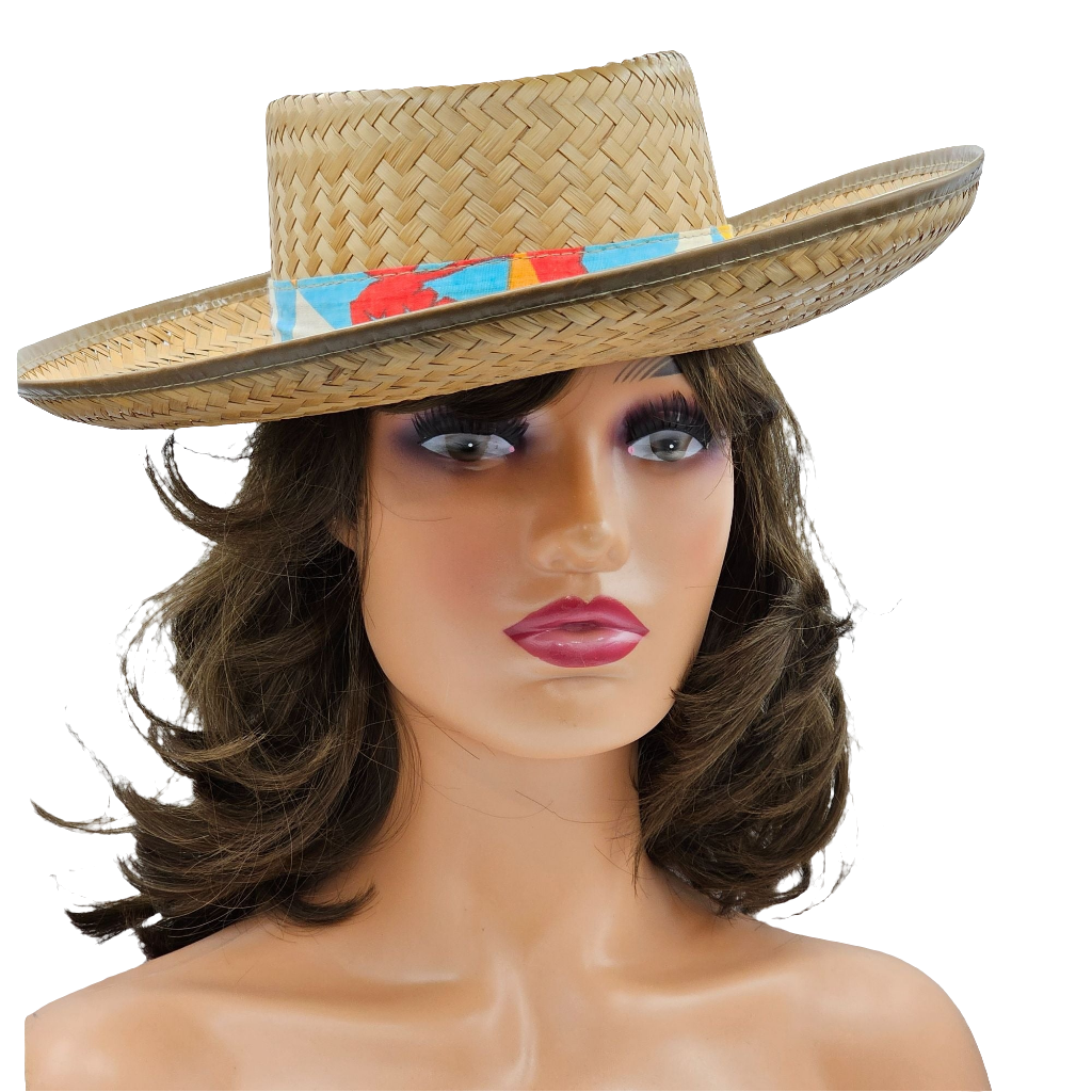 Vintage Straw Boater Hat With Colorful Mexican Band - Handwoven