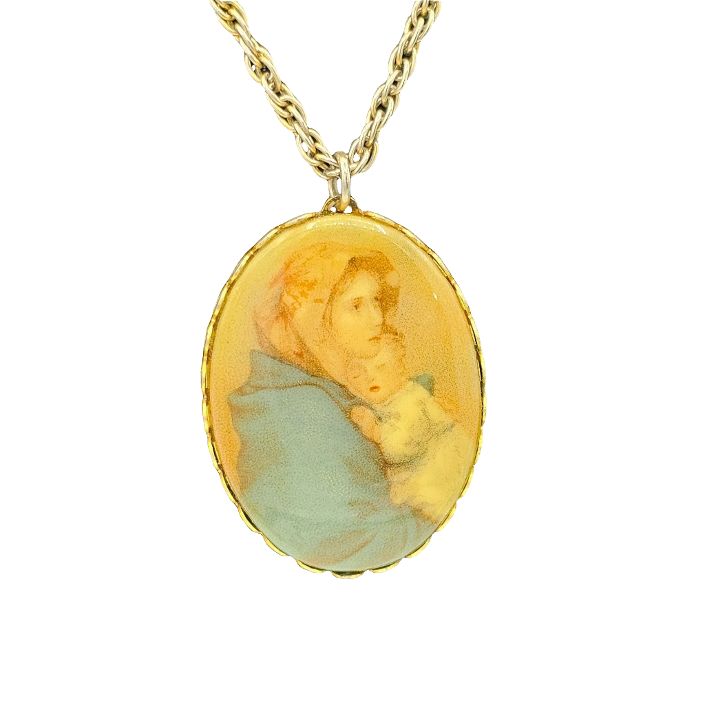 Vintage Oval Porcelian Cameo Mother Child Baby Pendant Necklace Chain