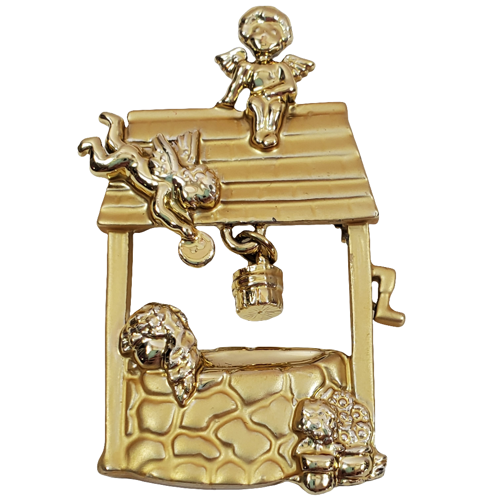 Vintage AJS SIGNED Goldtone Angel Wishing Well Brooch