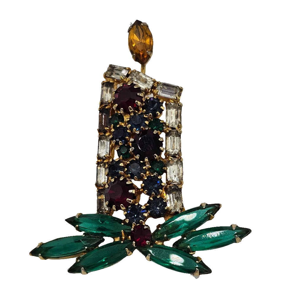 Vintage Prong Set Holiday Lit Flame Candle Holly Rhinestone Brooch Christmas
