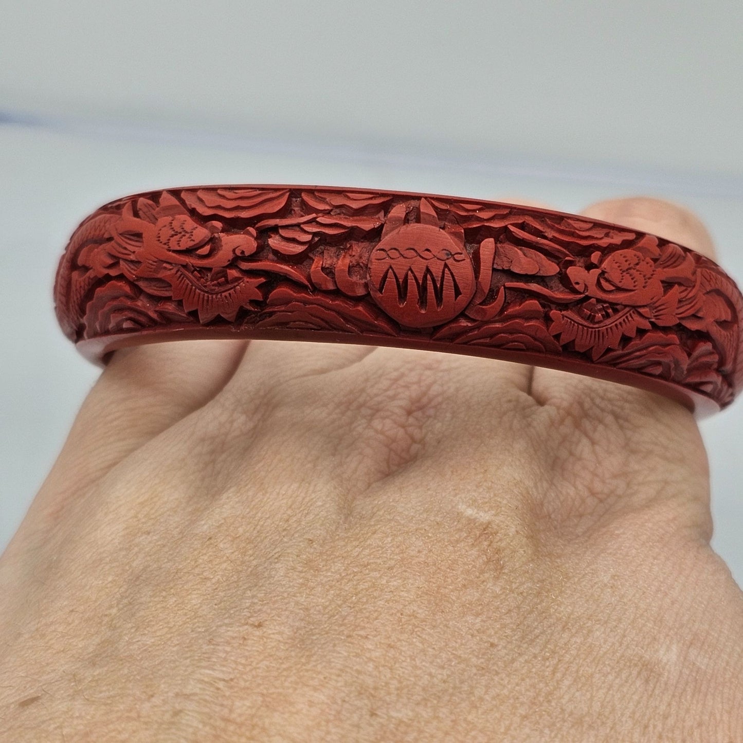 Intricate Carved Dragon Design Vintage Chinese Cinnabar Bangle