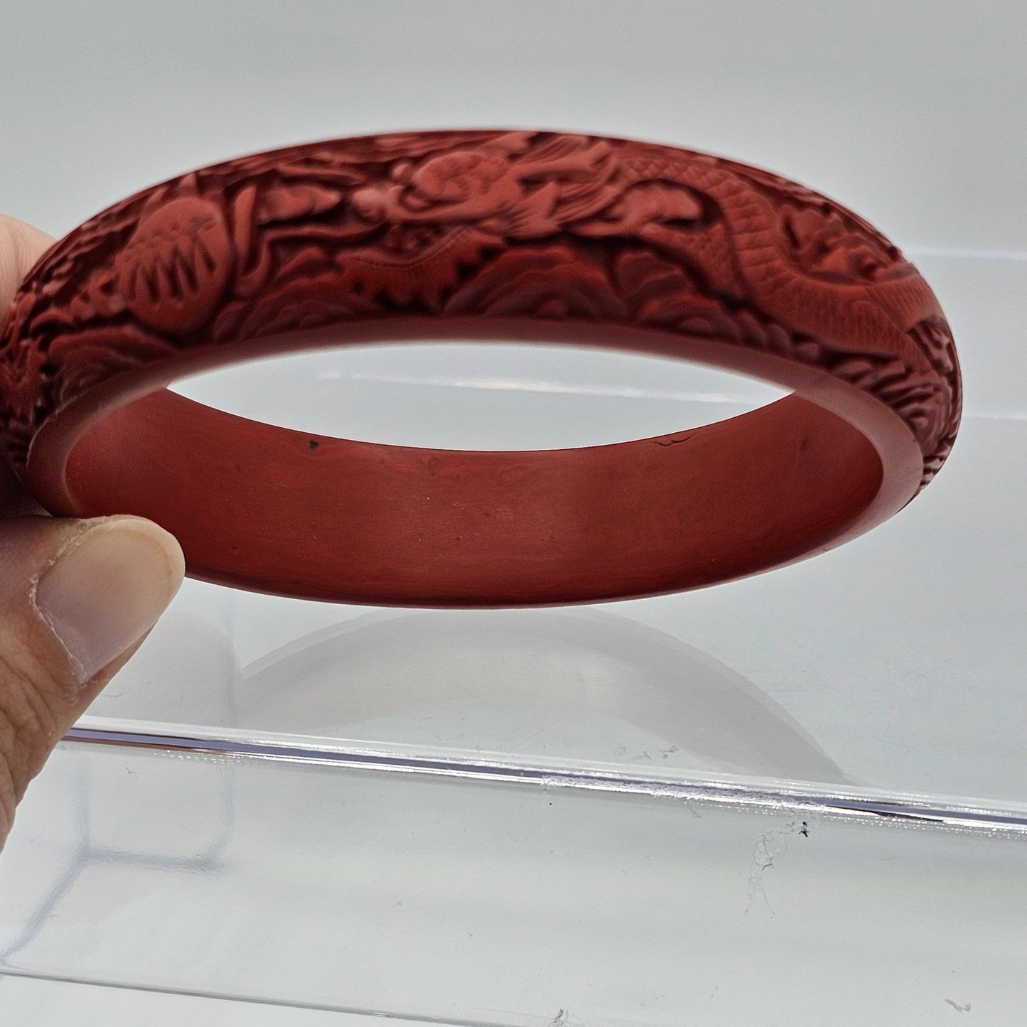 Intricate Carved Dragon Design Vintage Chinese Cinnabar Bangle