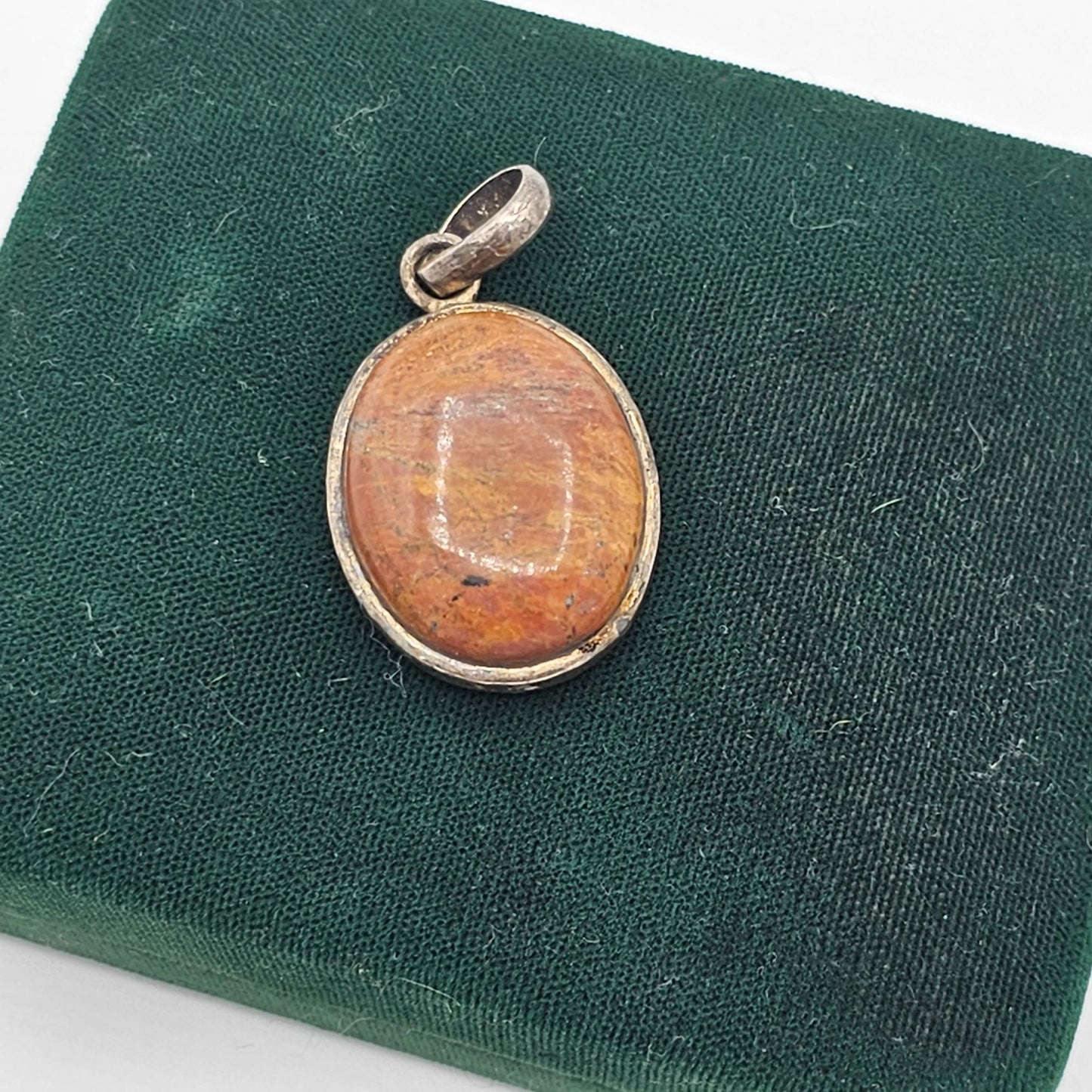 Vintage Sterling 925 Silver Oval Jasper? Natural Stone Cabochon Pendant