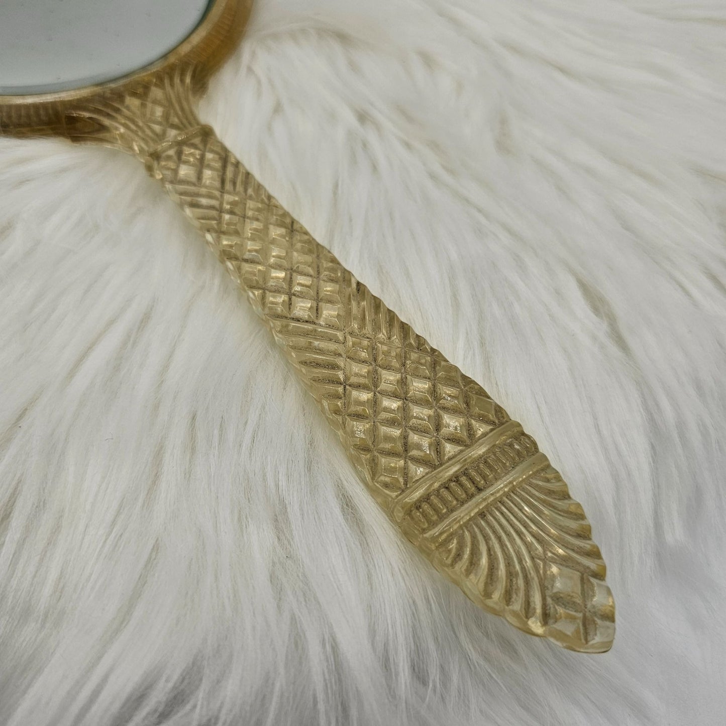 Vintage Handheld Mirror Ornate Lucite Gold Handle Floral Etched Glass FLAW