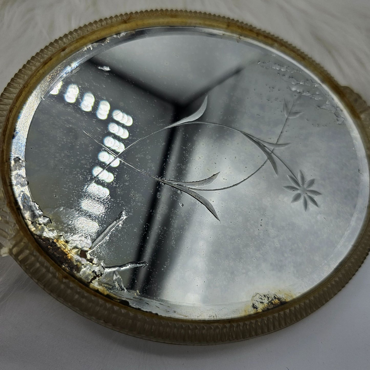 Vintage Handheld Mirror Ornate Lucite Gold Handle Floral Etched Glass FLAW