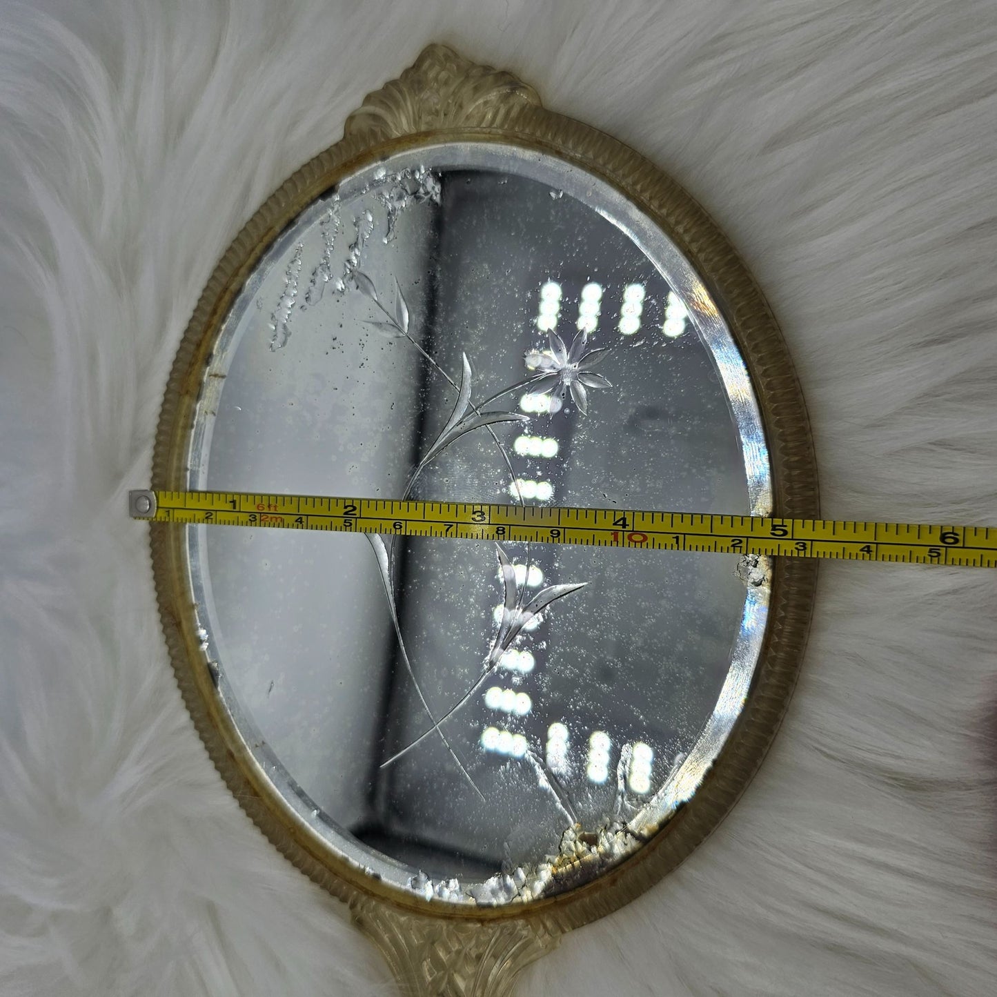 Vintage Handheld Mirror Ornate Lucite Gold Handle Floral Etched Glass FLAW