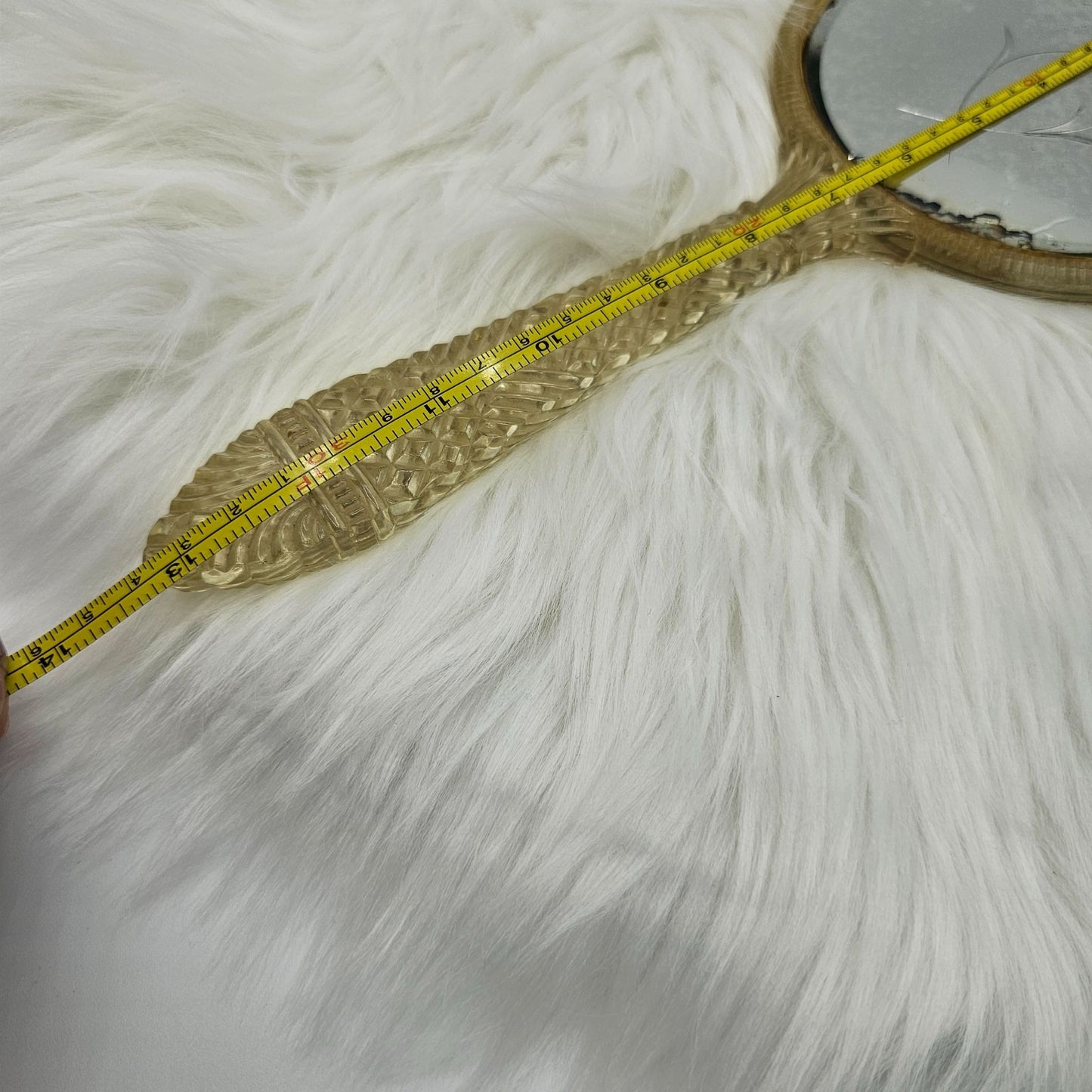 Vintage Handheld Mirror Ornate Lucite Gold Handle Floral Etched Glass FLAW