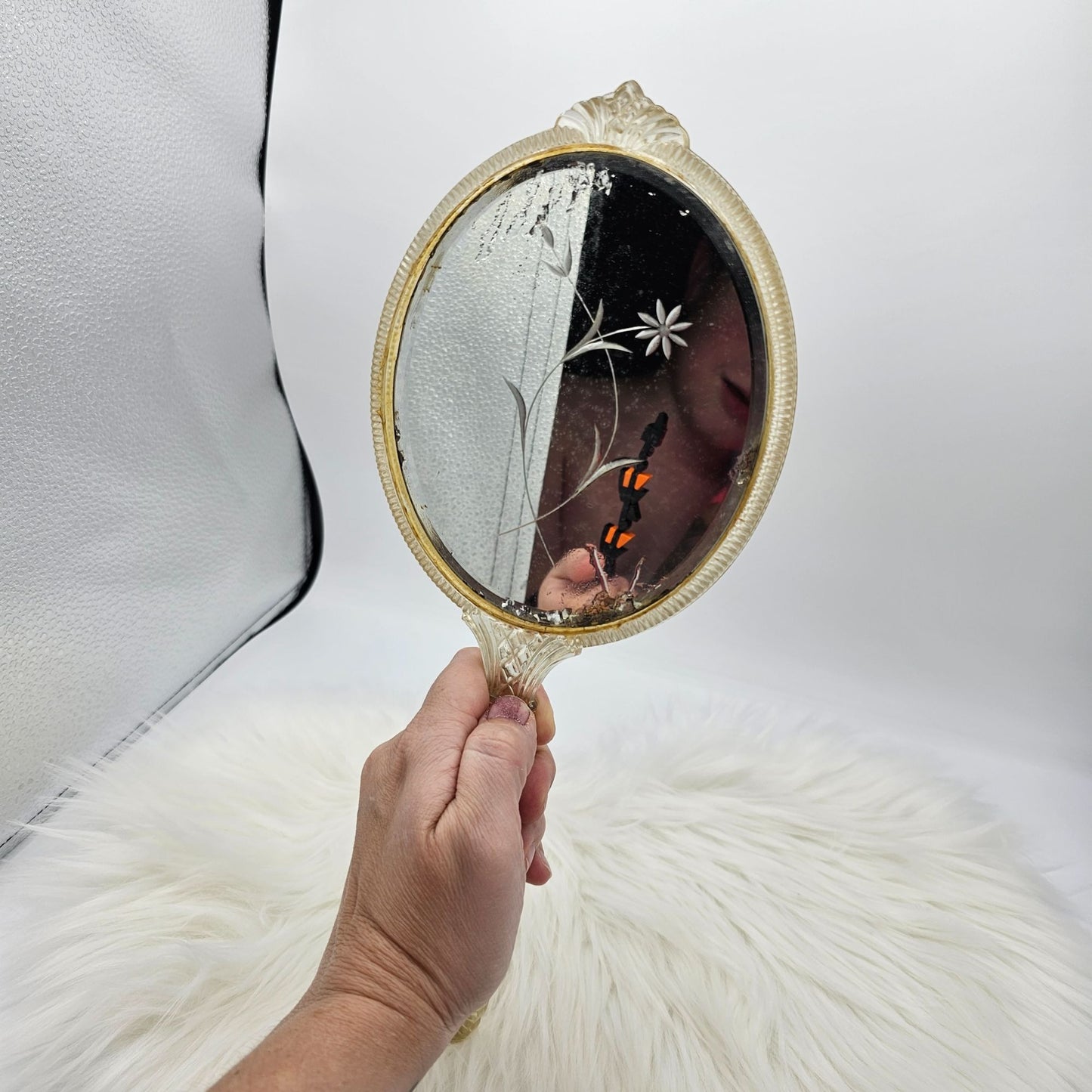 Vintage Handheld Mirror Ornate Lucite Gold Handle Floral Etched Glass FLAW