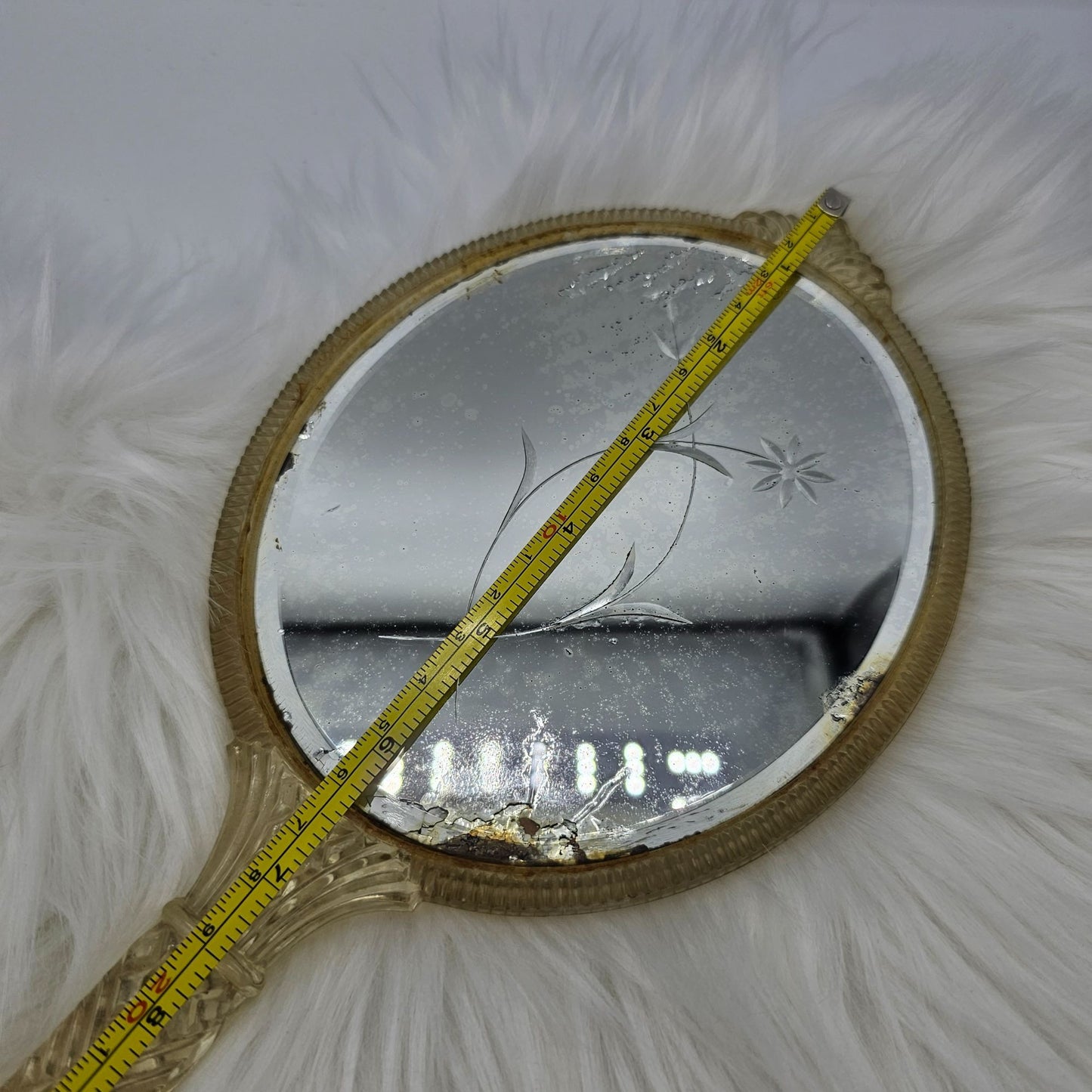 Vintage Handheld Mirror Ornate Lucite Gold Handle Floral Etched Glass FLAW