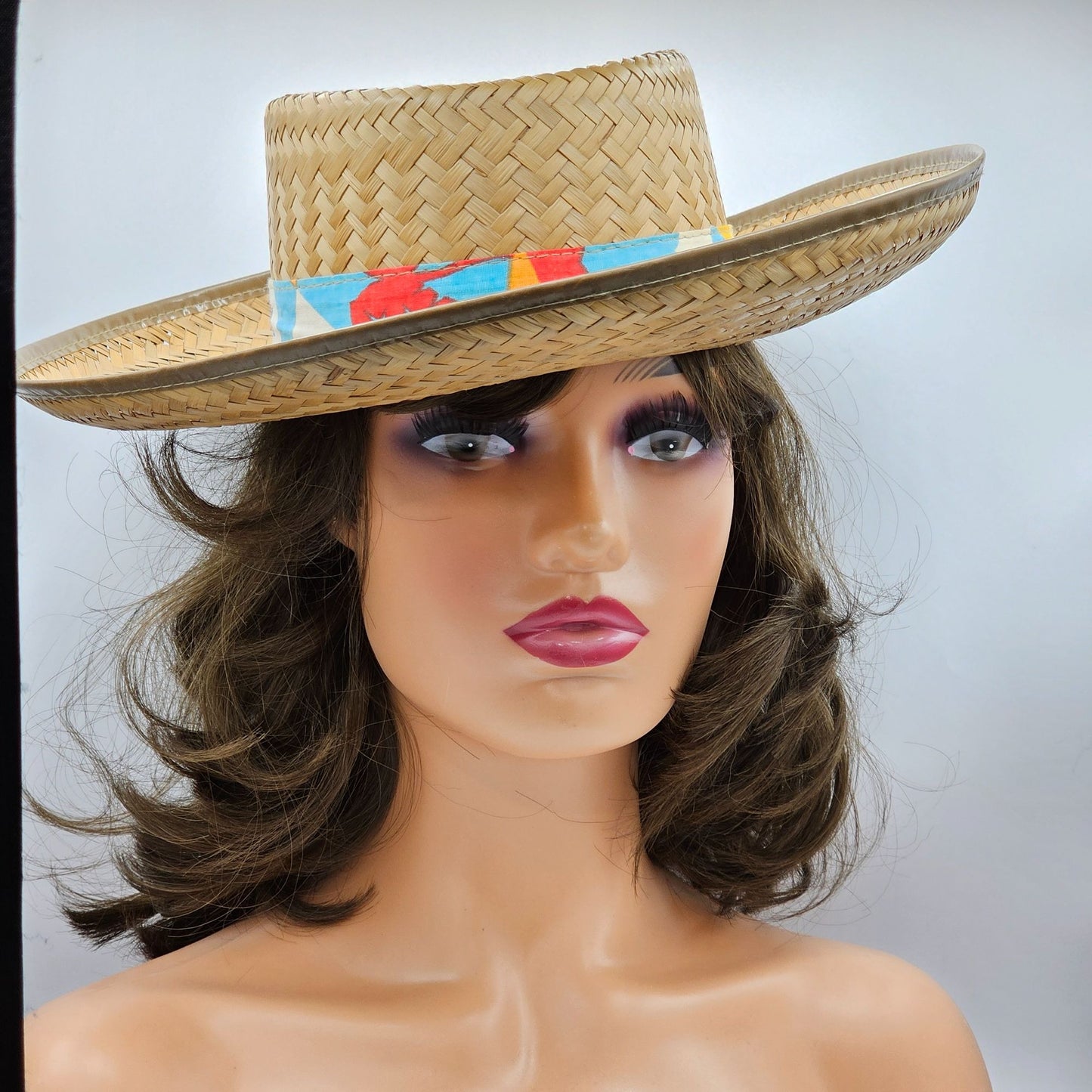 Vintage Straw Boater Hat With Colorful Mexican Band - Handwoven
