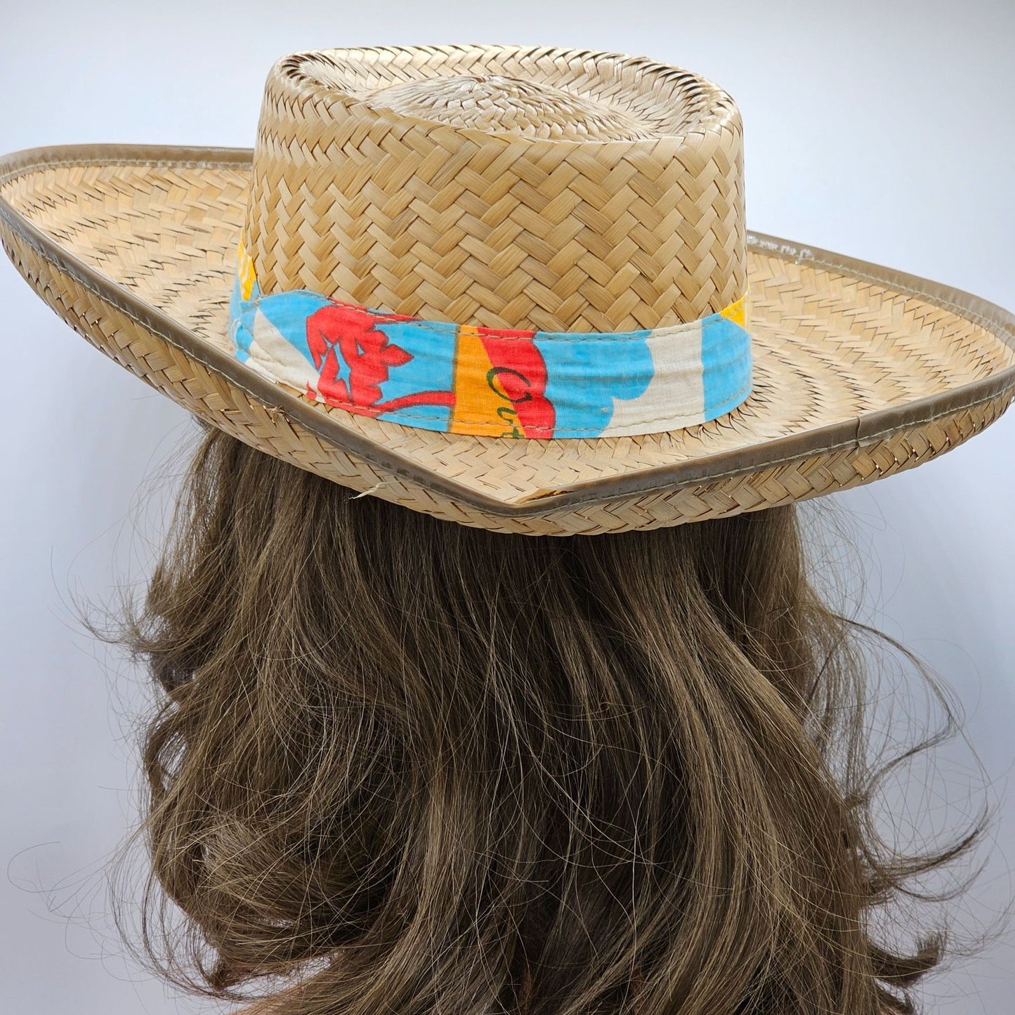 Vintage Straw Boater Hat With Colorful Mexican Band - Handwoven