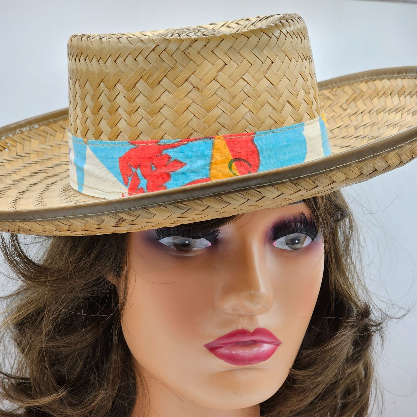 Vintage Straw Boater Hat With Colorful Mexican Band - Handwoven