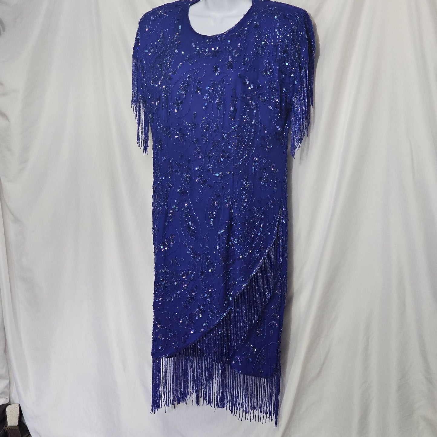 Vintage 80s Silk Fringe Beaded Sequins Royal Blue Formal Dress Flapper Size XL