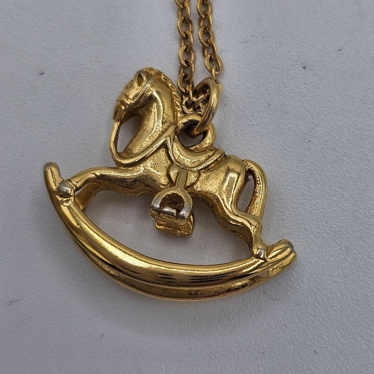 Vintage Lady Remington Gold-tone Rocking Horse Pendant Necklace