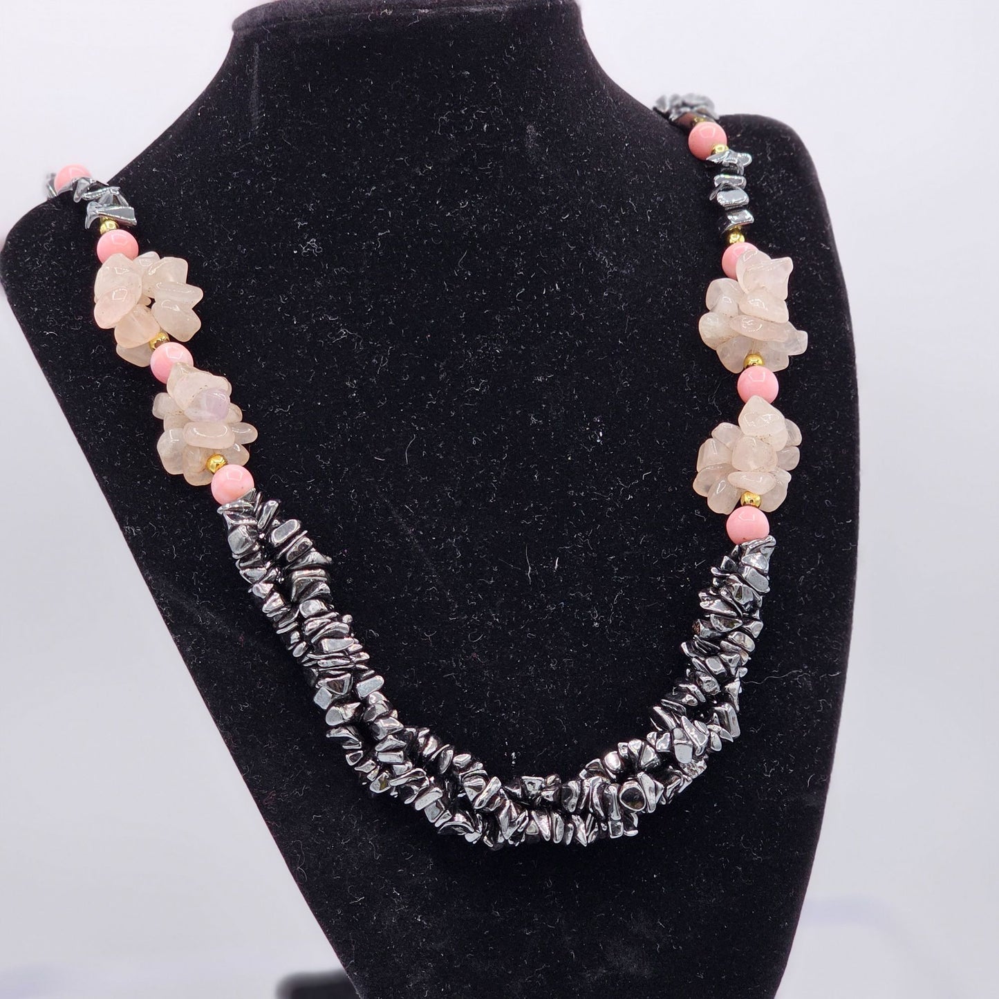 Chunky Beaded Hematite Rose Quartz Chips Multi Strand