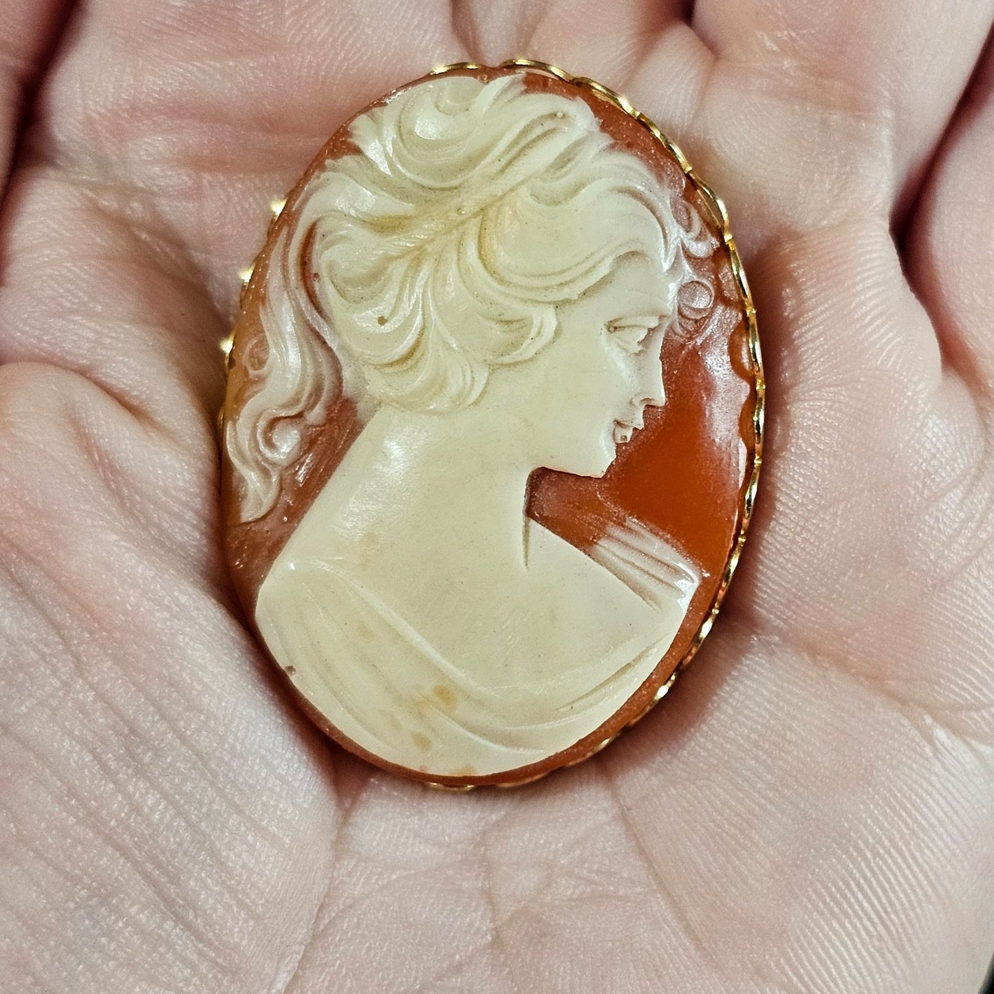 Vintage Carved Cameo Victorian Style Gold-Tone Scallopped Edge Frame Scarf Clip