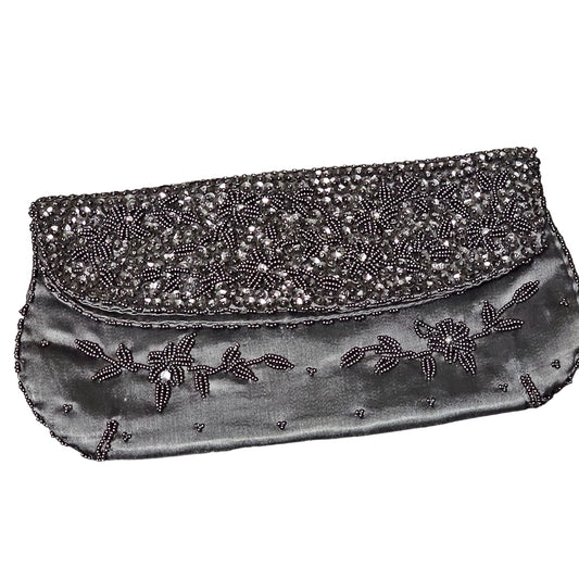 Black Satin Floral Beaded Fold Over Evening Clutch Vintage Handmade in Hong Kong