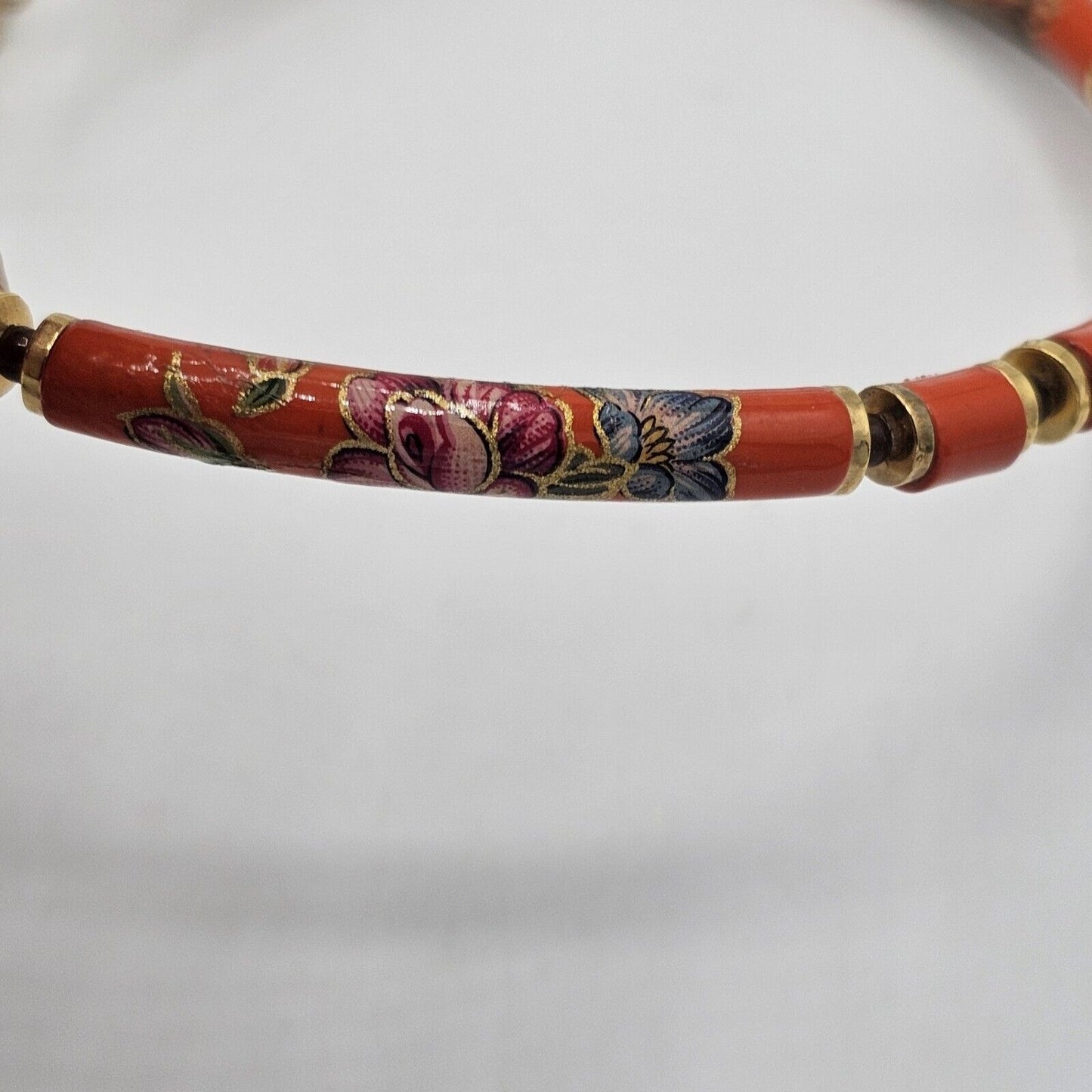 Vintage Japan Choker Necklace Orange Gold Painted Floral Flower Cloisenne Tube