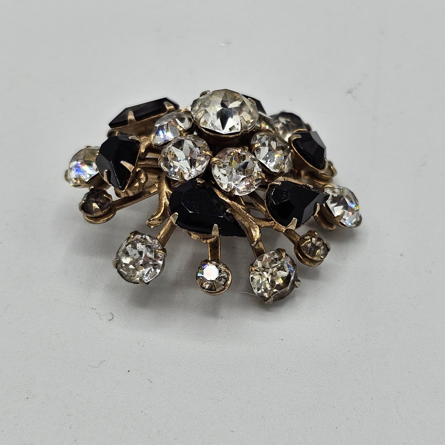 Vintage Round Clear Pear Shaped Black Rhinestone Domed Flower Brooch