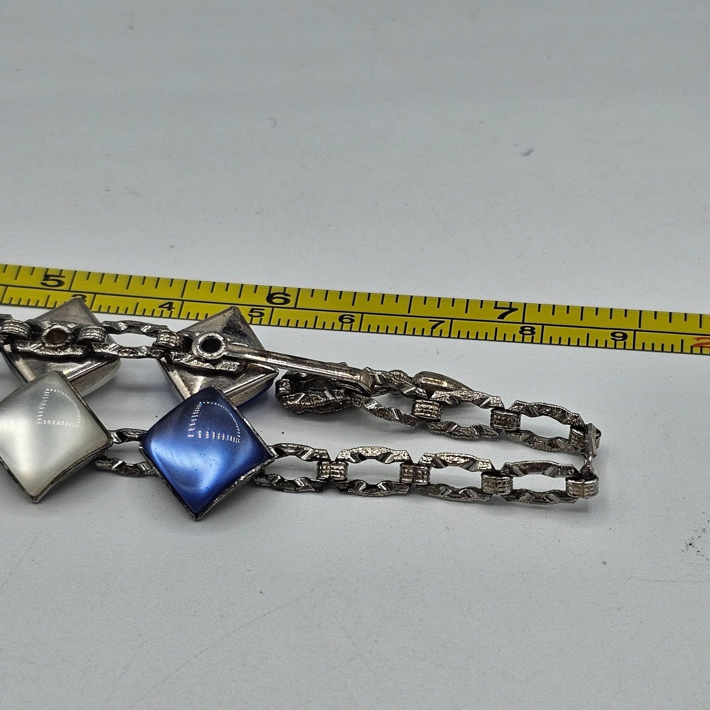 Blue Silver Lucite Squares Thermoset Link Silver-tone Chain Vintage