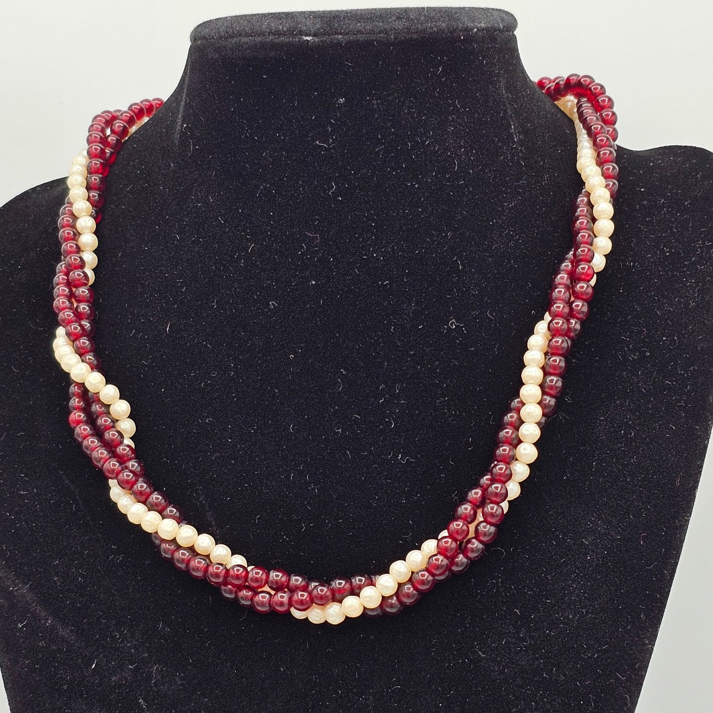 Multi-Strand Twisted Rope Faux Pearl Garnet Colored Beaded Necklace