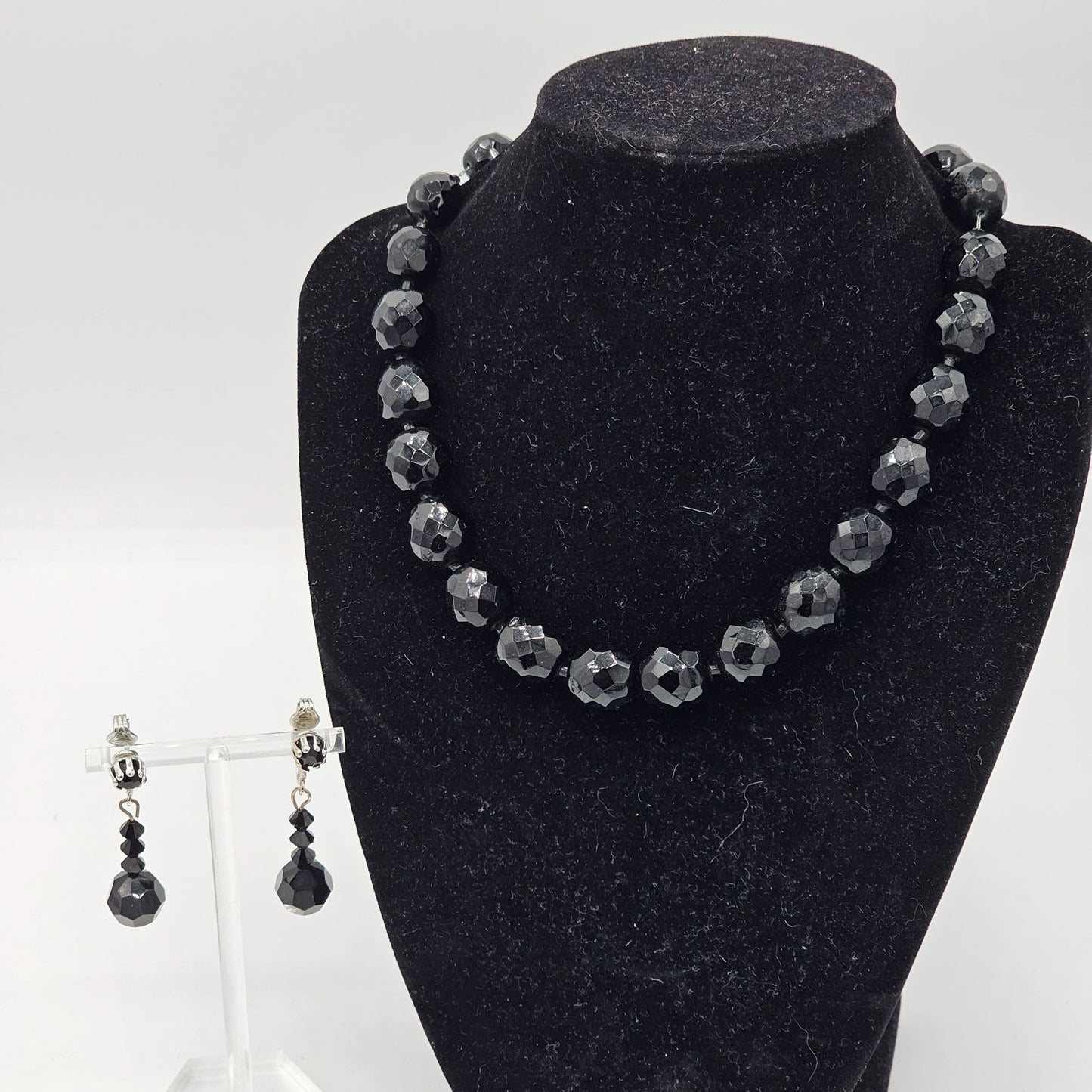 Hobe Vintage Black Fauceted Glass Beaded Mourning Necklace Dangle Earrings Set