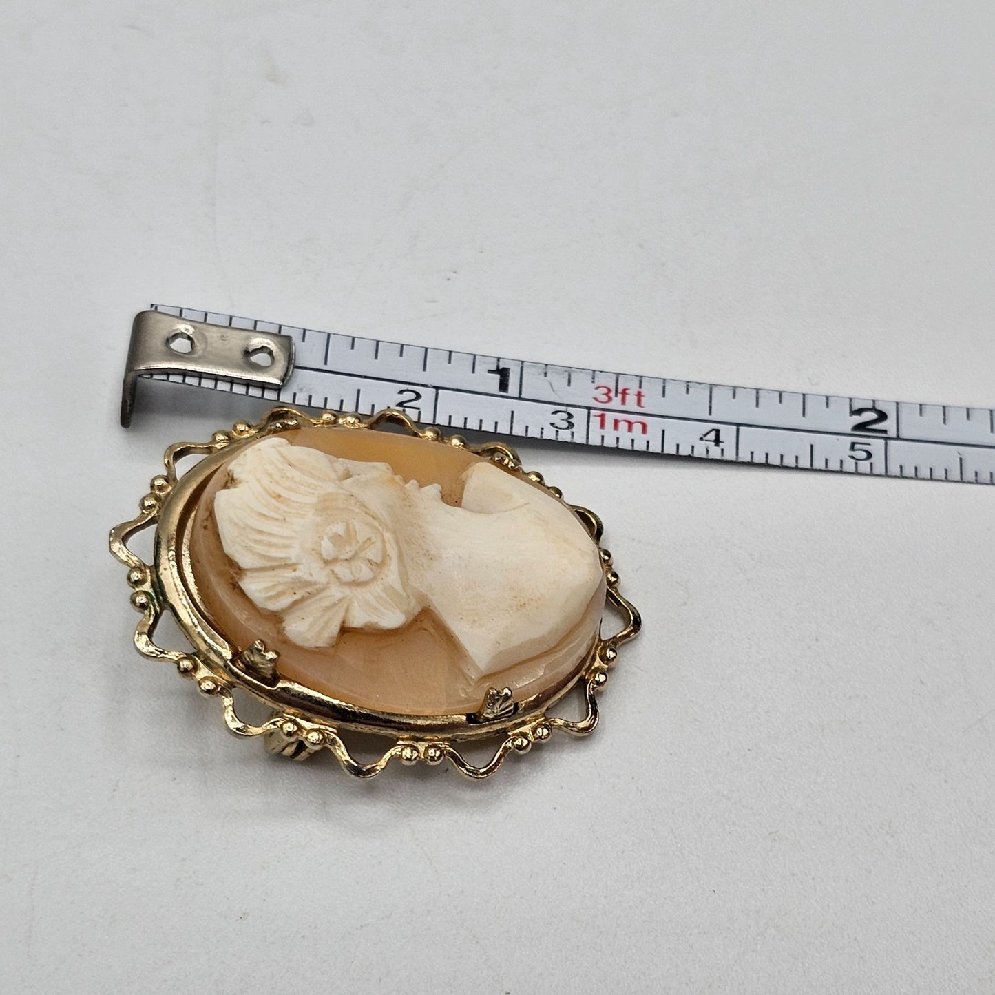 Vintage Carved Shell Women's Portrait Cameo Brooch Pin Gold-tone Scalloped Edge