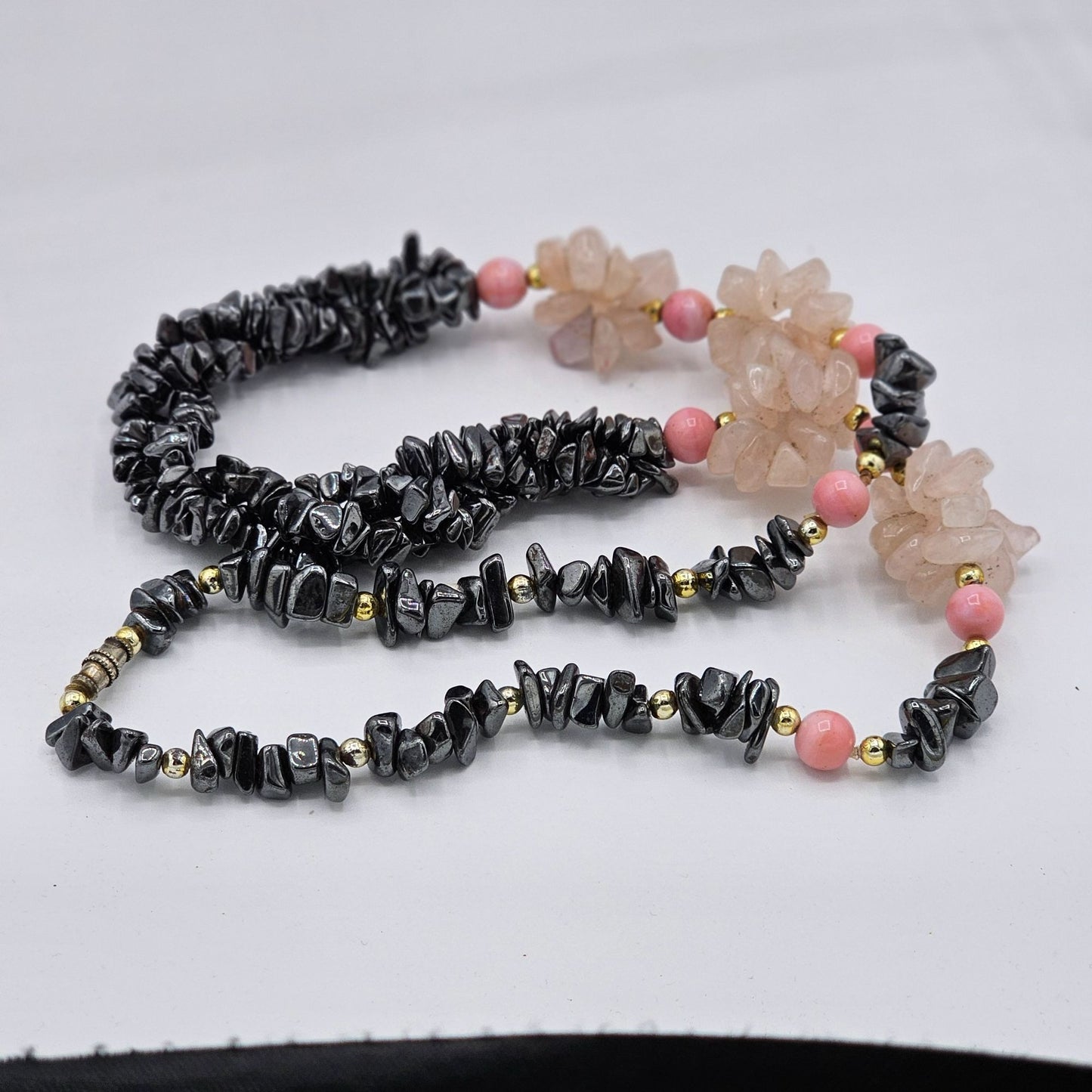 Chunky Beaded Hematite Rose Quartz Chips Multi Strand