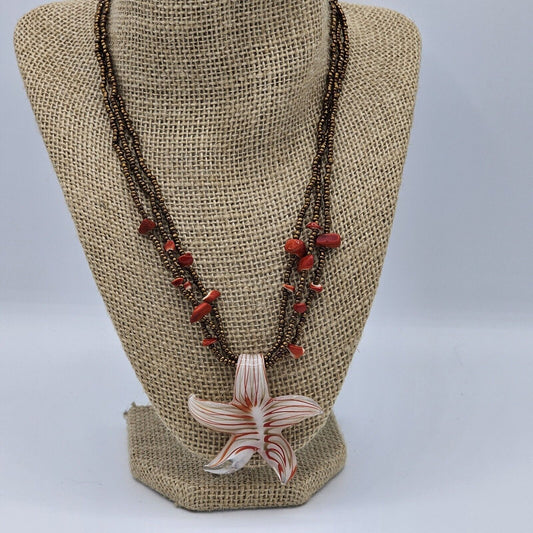 Star Flower Dichroic Necklace Faux Red Coral Beaded Multi Stranded