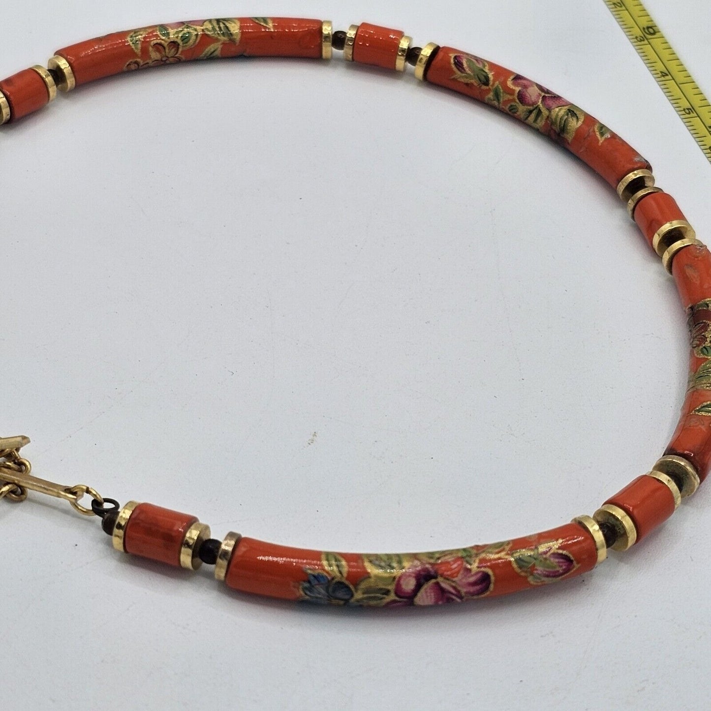 Vintage Japan Choker Necklace Orange Gold Painted Floral Flower Cloisenne Tube