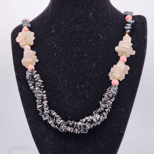 Chunky Beaded Hematite Rose Quartz Chips Multi Strand