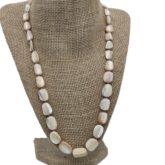 Vintage Beige Mother of Pearl Shell & Pink Bead Necklace Artisan Handmade