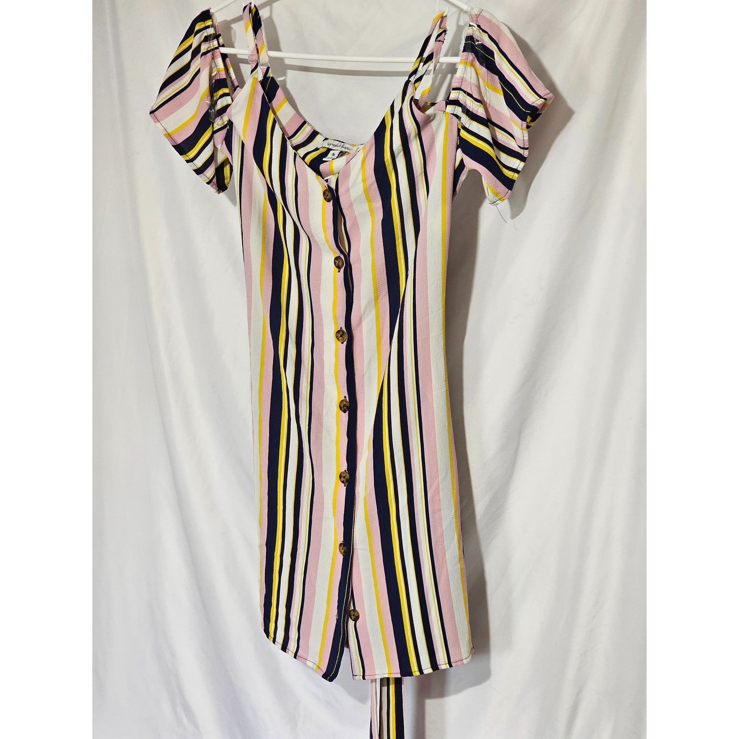 Speechless Pink, Navy, Yellow Vertical Striped Cold-shoulder Short Dress Size M