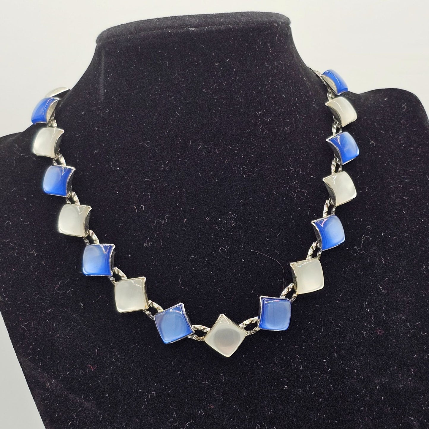 Blue Silver Lucite Squares Thermoset Link Silver-tone Chain Vintage