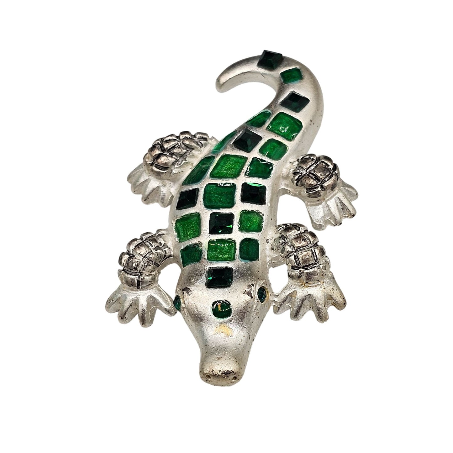 Silver-tone Green Enamel Crocodile Animal Figure Brooch NOS