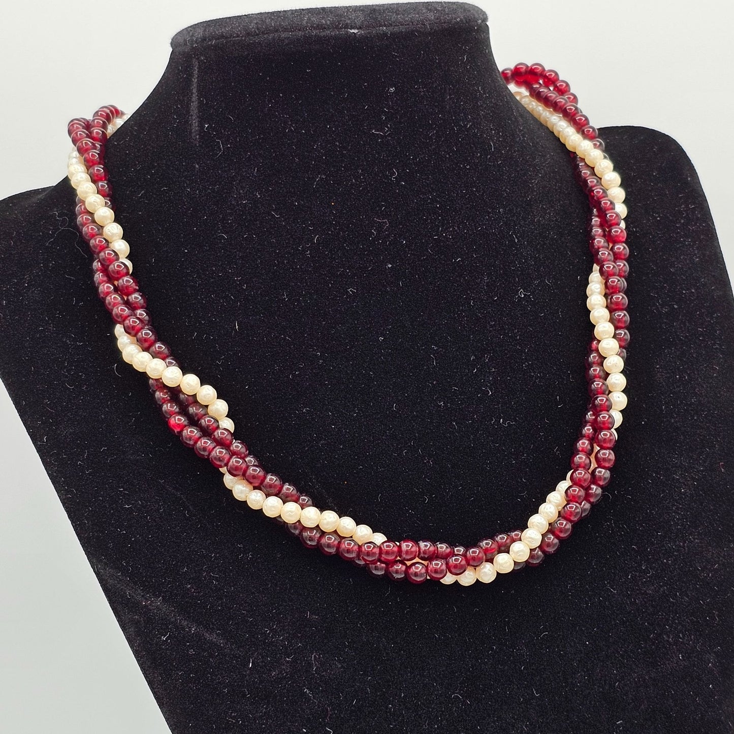 Multi-Strand Twisted Rope Faux Pearl Garnet Colored Beaded Necklace