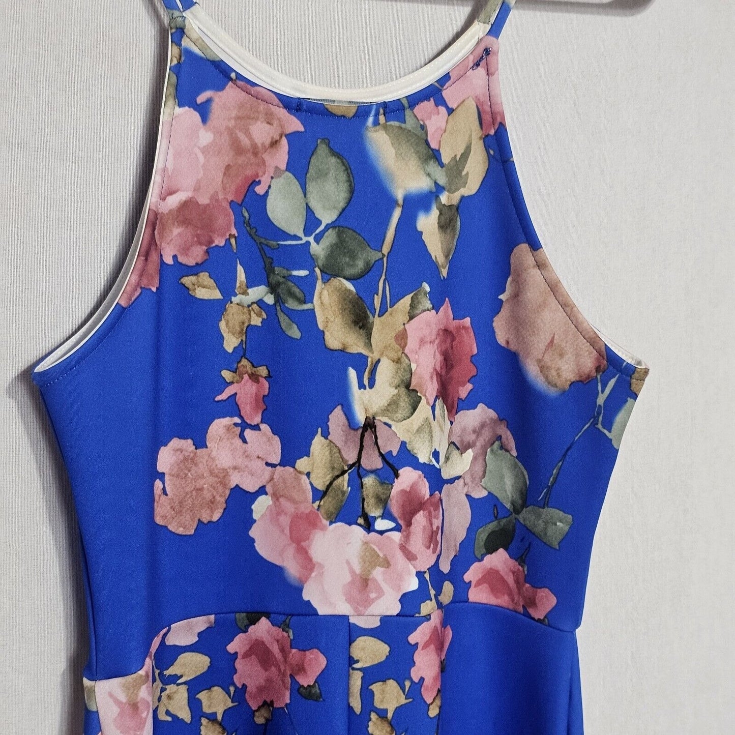 Soprano Junior's Medium Floral Blue Sleeveless Pleated Halter Short Dress